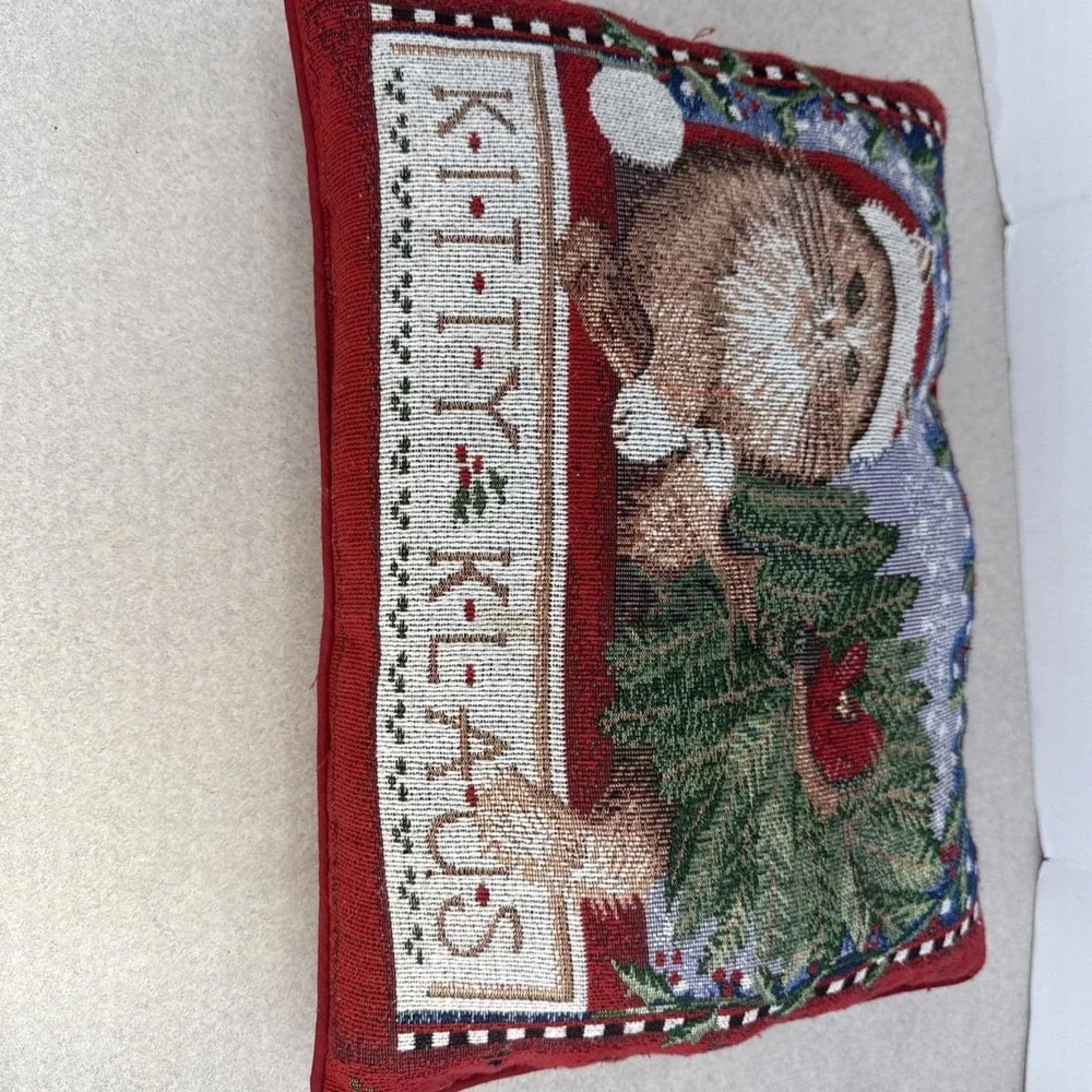 Vintage Embroidery Needlepoint‎ Tapestry Christmas Kitty Klause Cat Red Pillow